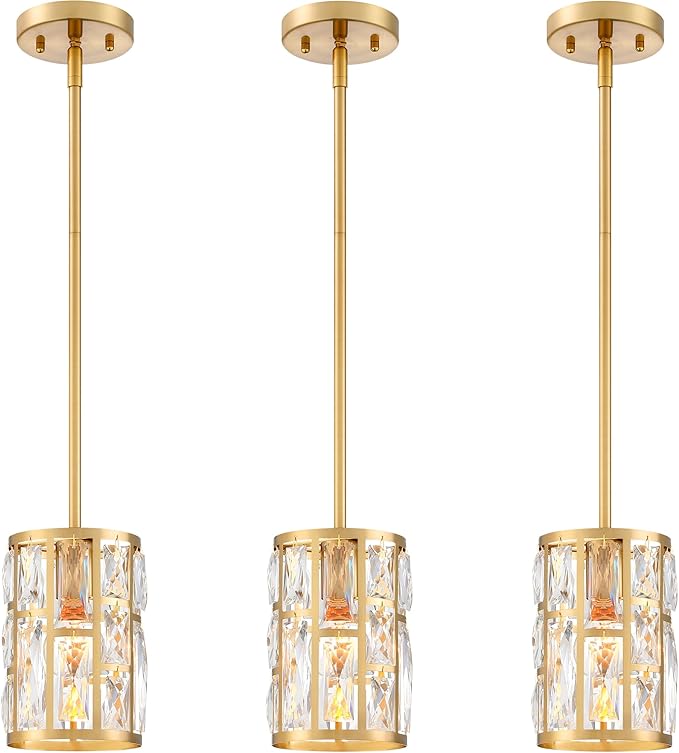 MEXO Modern Crystal Pendant Light Fixture 3-Pack Gold Finish Hanging Lighting Crystal Chandelier for Kitchen Island