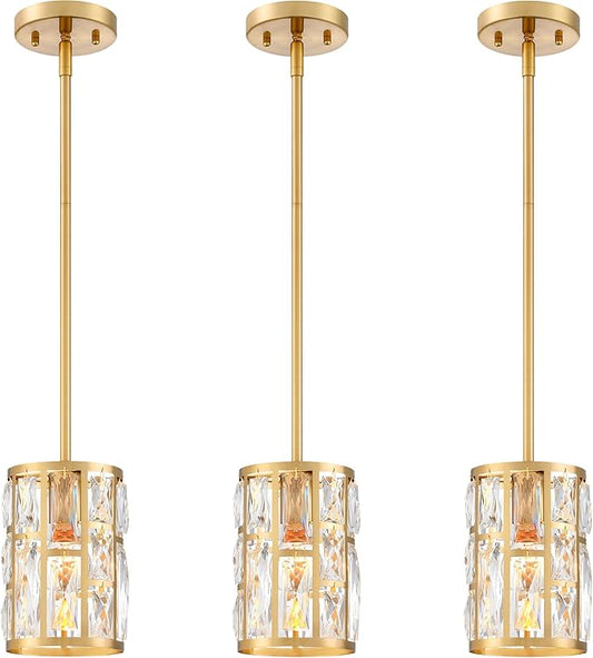 MEXO Modern Crystal Pendant Light Fixture 3-Pack Gold Finish Hanging Lighting Crystal Chandelier for Kitchen Island