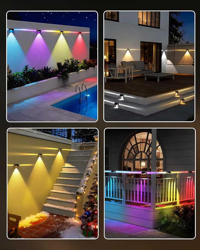 Solar Fence Lights Outdoor, 8 Pack 12 Mode RGB Color Changing & Warm/Cool White, Waterproof IP65 3-LED Dusk to Dawn Fence Lights Solar Powered for Wall, Railing, Patio, Step, Backyard, Outside