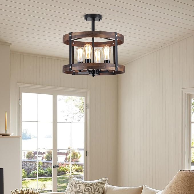 4-Light Large Rustic Farmhouse Flush Mount Ceiling Light Fixture 16.5 inch Oak Wood Round Drum Semi Flush Mount Ceiling Light for Bedroom Hallway Entry Dining Farmhouse Living Room, Black