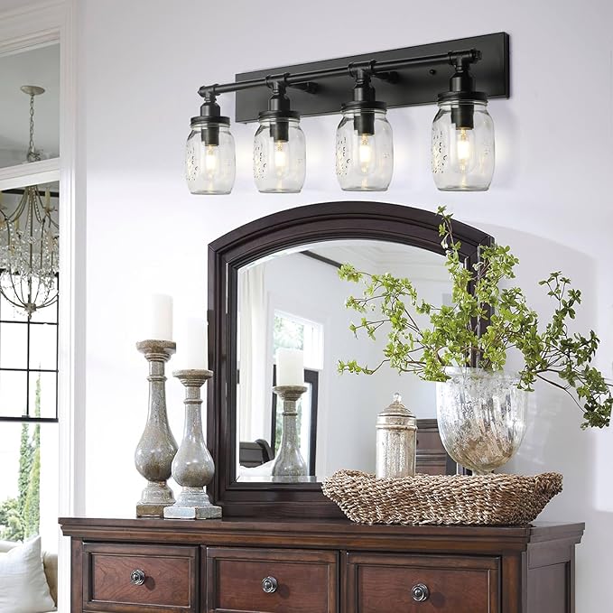 Bathroom Wall Light Fixtures, Industrial Mason Jar Vanity Light, Wall Sconce with Black Finish(4 Light)