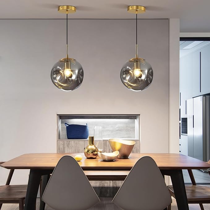 Modern Smoke Gray Concave Glass Pendant Light, 2-Pack Kitchen Island Lighting Single Globe Pendant Light Fixtures Century Kitchen Island Pendant Light for Bedroom Dining Room Light (Without Bulbs)