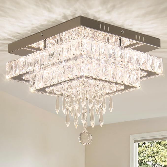 Finktonglan Crystal Chandeliers, 13'' Modern LED Chandelier Ceiling Light with Multilayer Crystal, Square Flush Mount Ceiling Light for Dining Room Bedrooms Entryway Living Room (Multicolor)