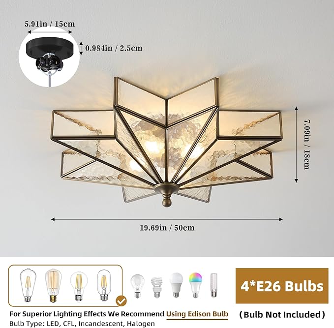 Star Brass Glass Ceiling Light - 19.5 in Black Bronze Hammered Large Flush Mount Fixture - Unique Art Deco Mid Century Vintage Moravian Lighting Lights for Bedroom Dining Foyer Living Room