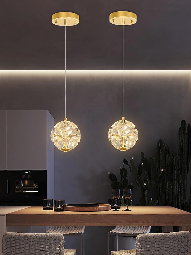 ykolupty Pendant Lights Kitchen Island Crystal Globe Chandelier LED Gold Island Light Crystal Pendant Light for Dining Foyer Entrance