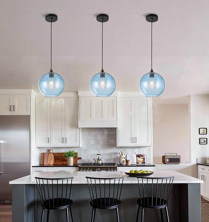 Blue Glass Pendant Lights Kitchen Island Lighting Modern Globe Pendant Light Fixtures Modern Pendant Lights for Kitchen Island Bedroom Living Dining Room Light Fixture-7.8inch 2Pack