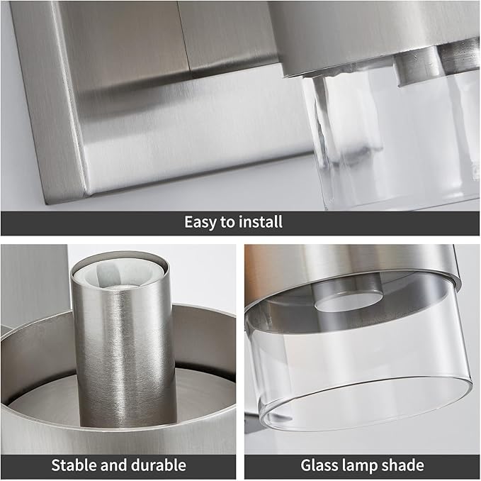 WUZUPS Set of 2 1-Light Bathroom Wall Light Fixture Over Mirror Flat Class Shade Morden Vanity Scones for Bathroom Bedroom Living Room, E12 Base, Brushed Nickel