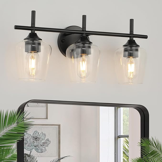 Bathroom Vanity Light Fixtures, 3-Lights Over Mirror Modern Vanity Lighting with Clear Wine Glass Shade Wall Lamp for Bedroom Hallway Living Room(Black, 3-Light)