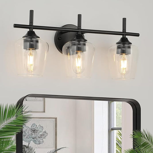 Bathroom Vanity Light Fixtures, 3-Lights Over Mirror Modern Vanity Lighting with Clear Wine Glass Shade Wall Lamp for Bedroom Hallway Living Room(Black, 3-Light)
