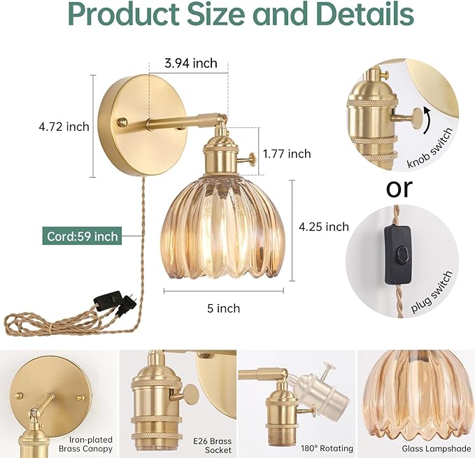 Shenmoyl Plug in Wall Sconce, Amber Tulip Glass Lampshade Wall Light Plugin Corded for Bedside Bedroom Doorway, 2 Pack