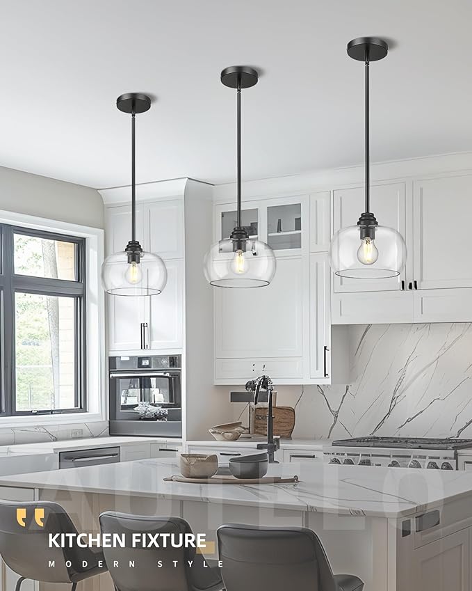 AUTELO Black Pendant Lights Kitchen Island, 1-Light Pendant Lights in Black Finish with Clear Glass, Modern Pendant Light Fixtures, Hanging Lamp for Kitchen Island H9385 BK-R