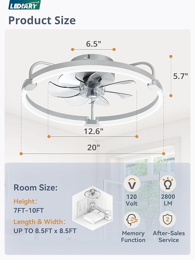 LEDIARY Ceiling Fans with Lights and Remote, 20'' Low Profile Ceiling Fan with Light, 3000-6000K Dimmable Fandelier LED Fan Light, 6 Wind Speeds, Grey Modern Flush Mount Ceiling Fan for Bedroom
