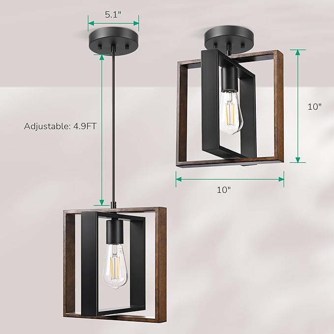 EDISHINE Farmhouse Pendant Light Fixture, Rustic Hanging Light Fixture with Wood Grain and Black Finish, Pendant Lighting for Kitchen Island, Dining Room, Hallway, Adjustable Cord