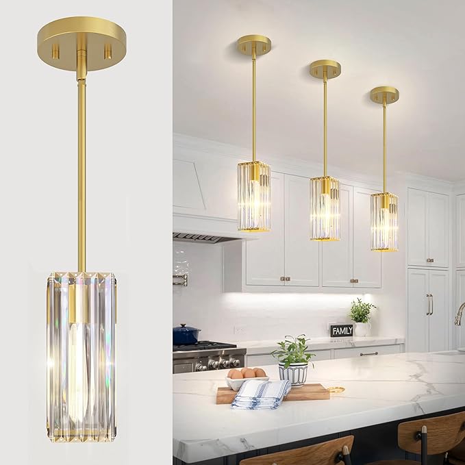Crystal Pendant Lights for Kitchen Island - 10" Brushed Gold Adjustable Chandelier, Dimmable E26 Hanging Fixture, Modern Lighting for Dining 1pcs