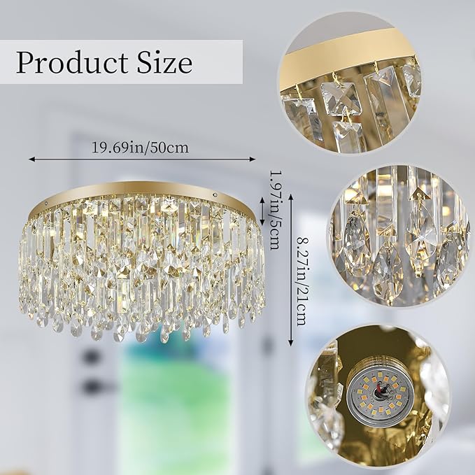 Deckrico 19.7" Gold Crystal Chandelier, Modern Flush Mount Ceiling Light Fixture Luxury Tri-Color LED Lighting for Living Room Dining Room Bedroom