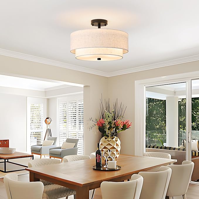 16" Semi Flush Mount Ceiling Light Fixture, Close to Ceiling Light Fixtures with Farmhouse Fabric Linen Shade, Double Drum Black Flush Mount Ceiling Light for Living Room Bedroom Dining Room Kitchen