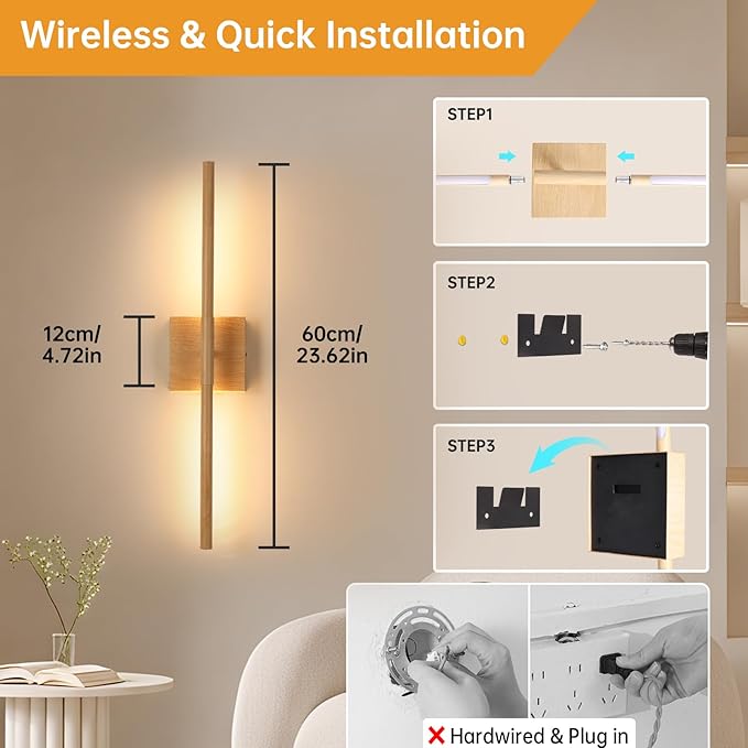 Shenmoyl Battery Operated Wall Sconce Set of 2, 8000mAh Rechargeable Wall Sconces, 3000K-6000K Dimmable, 350°Rotate, Indoor Wall Lights for Bedroom Living Room, Original Wood, 23.6 Inch