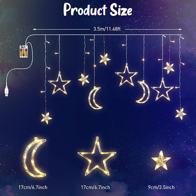 Riakrum 11.48 ft 21 LED Star and Moon String Lights Plug in Christmas Warm White Fairy Light Waterproof Decor for Bedroom USB Powered LED Curtain Light with USB Battery Box Cable Clip Wedding Party