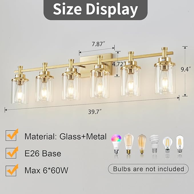 Brushed Brass 6-Light Vanity Light Fixtures with Clear Glass Shades Over Mirror for Bathroom, Living Room, Hallway