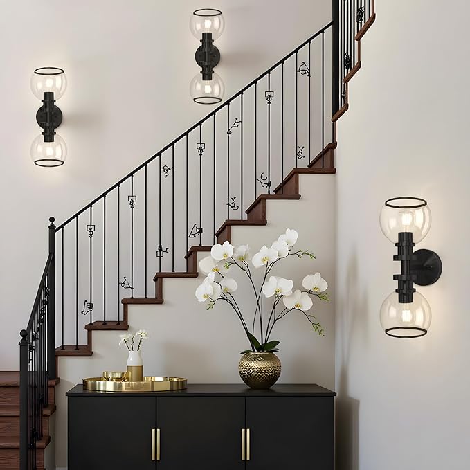 Wall Sconces Set of Two, Black Bathroom Sconces with Clear Glass, Hardwired Modern Wall Light Fixtures for Bathroom,TV Room,Mirror,Living Room,Hallway,Bedroom