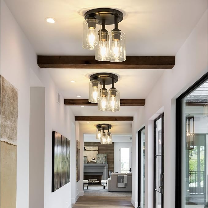 Mayful Semi Flush Mount Ceiling Light, 3-Light Black Fixture with Clear Glass Shade, Cluster Cylinder Design for Kitchen Dining Room Hallway Foyer Entryway