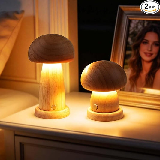 Wooden Mushroom Lamp Rechargeable, Cordless Table Lamp, Portable Mushroom Night Light for Bedroom, Studyroom, Living Room, Office, Birthday Gifts, Rubber Wood