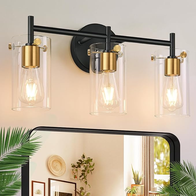 Indoi Bathroom Light Fixtures, 3-Light Black and Gold Vanity Light, Black Bathroom Lights Over Mirror with Clear Glass Shade for Mirror Bedroom Living Room