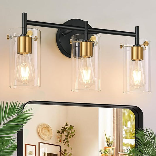 Indoi Bathroom Light Fixtures, 3-Light Black and Gold Vanity Light, Black Bathroom Lights Over Mirror with Clear Glass Shade for Mirror Bedroom Living Room