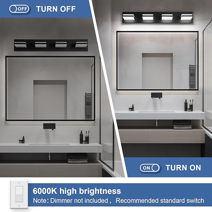 Modern LED Bathroom Lights Fixtures 4-Light,Metal Black Acrylic Wall Lighting,Vanity Lights for Bathroom Over Mirror 6000k 27in