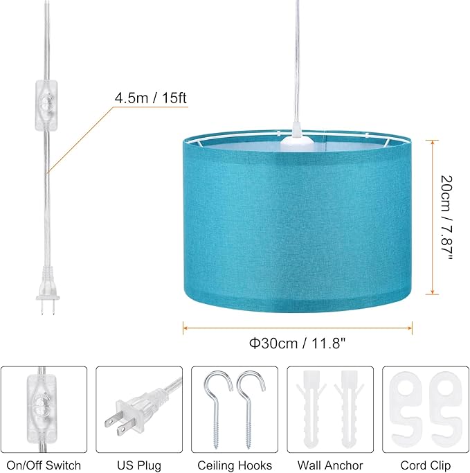 PATIKIL Plug in Pendant Light, 2 Pack 15Ft Rope Cord Hanging Lamp Fixture with ON/Off Switch, Linen Fabric Shade E26/E27 Bulb Socket for Bedroom Kitchen Living Room, Dark Blue