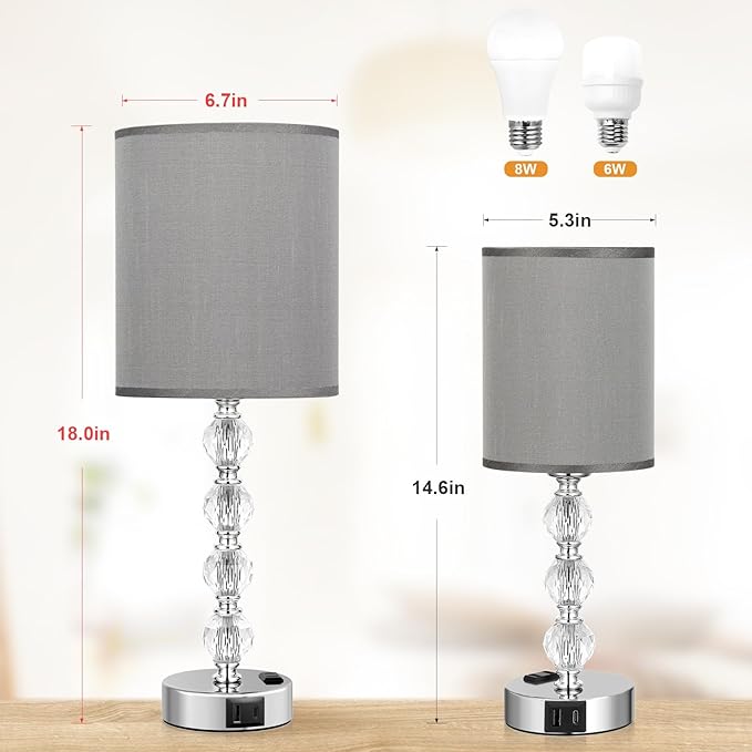 Acaxin Touch Bedside Crystal Lamps for Bedrooms Nightstand with USB C+A Charging Port and AC Outlet White, 3 Way Dimmable Silver Large End Side Table Lamp for Living/Dinning Room/Kitchen/Bedroom