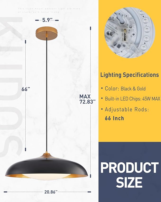 kudos 21 Inch Large LED Large Pendant Light, Black and Gold Dome Metal Pendant Light with Acrylic Shade, Farmhouse Pendant Light with Adjustable Cord,5CCT, Kitchen Bar Study Room, KDPL02-BK-L