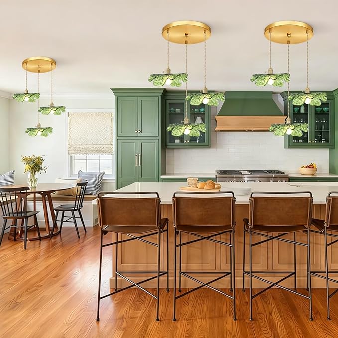 Green Glass Pendant Light 3-Light Cluster Chandelier Adjustable Gold Brass Pendant Hanging Light Farmhouse Pendant Lights for Kitchen Island Dining Room Bedroom