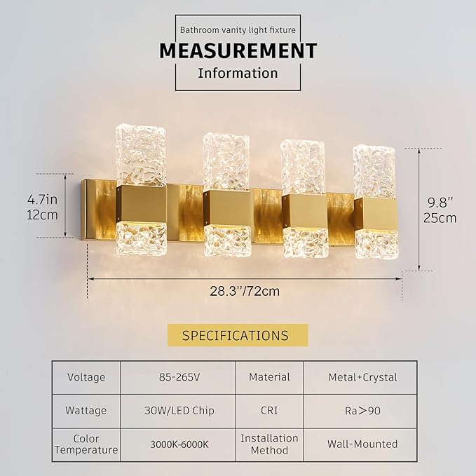 Vanity Lights Fixtures for Bathroom Wall Light Over Mirror LED Gold Crystal 40W Brushed Stainless Steel Dimmable Wall sconces for Bathroom Lighting Fixture 3000K