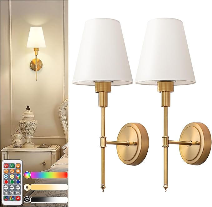 DORESshop Battery Operated Wall Sconce Set of 2, Wall Light Wireless Easy to Install, Dimmable and Adjustable Sconces Wall Decor, Rechargeable Wall Lamp for Bedroom, Living Room, Gold 18.7in