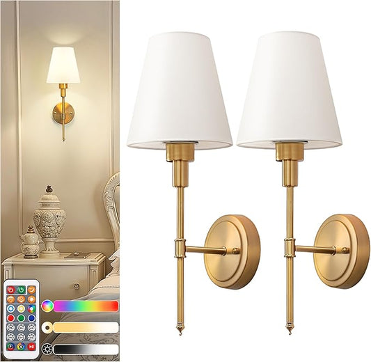 DORESshop Battery Operated Wall Sconce Set of 2, Wall Light Wireless Easy to Install, Dimmable and Adjustable Sconces Wall Decor, Rechargeable Wall Lamp for Bedroom, Living Room, Gold 18.7in