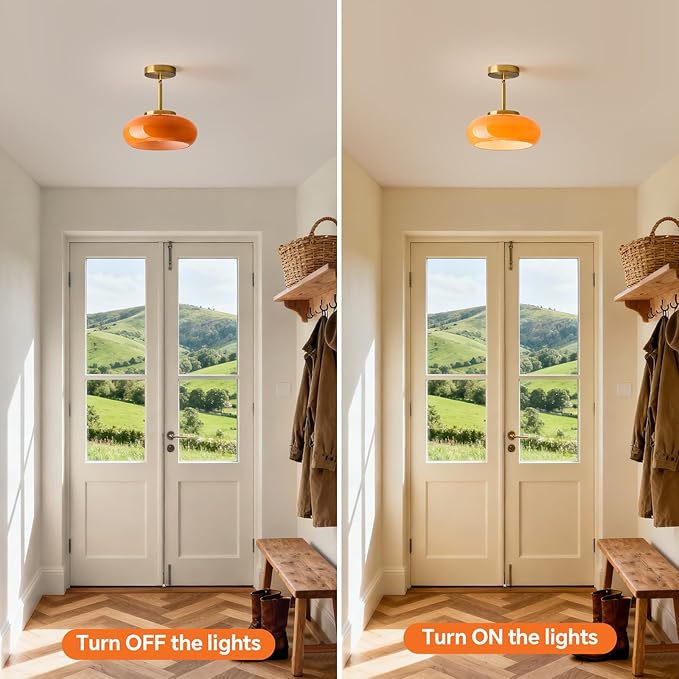 Glass Pendant Lights Kitchen Iisland，Gold Modern Ceiling Lamp with Orange Glass Shade Adjustable Mid Century Hanging Light Fixtures for Schoolhouse, Dining Room, Living Room,Sink