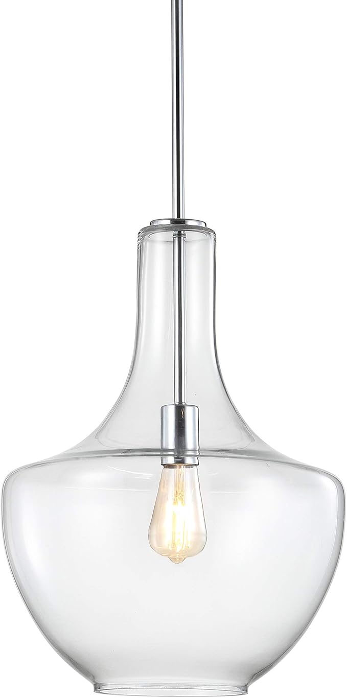 JONATHAN Y 13.25" Chrome/Clear Mid-Century Modern 1-Light LED Pendant Light Fixture, Adjustable Schoolhouse Hanging Lamp for Kitchen Island, Clear Glass Shade, LED Bulb Included (JYL6401A)