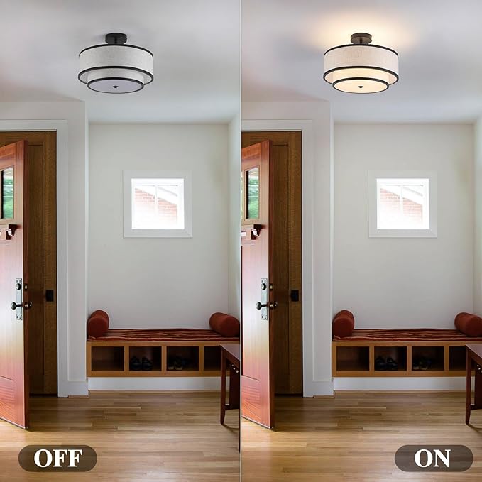 Semi Flush Mount Ceiling Light, 3-Light Double Drum Ceiling Light Fixture with Fabric Shade, Farmhouse Chandelier Dining Room Light Fixture for Bedroom, Kitchen, Hallway (Black)