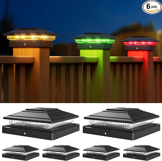 APONUO Solar Post Cap Lights Color Changing - RGB 8 Solid & Gradient Colors, IP65 Waterproof, for 4x4 5x5 6x6 Wood Vinyl Fences, Deck, Patio, Yard, Black, 6 Pack