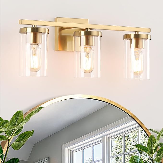 20in Bathroom Light Fixture Over Mirror, 3-Light Gold Vanity Lights with Clear Glass Shades, Modern Wall Sconces for Living Room, Bedroom, Hallway, E26 Base