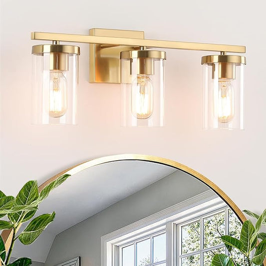 20in Bathroom Light Fixture Over Mirror, 3-Light Gold Vanity Lights with Clear Glass Shades, Modern Wall Sconces for Living Room, Bedroom, Hallway, E26 Base