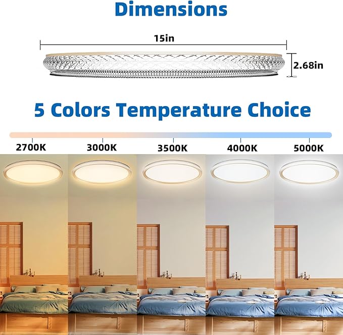 LED Ceiling Light 15-Inch Dimmable Flush Mount with 5CCT Adjustable Color Temperature (2700K-5000K), 35W 4000LM, Ceiling Light Fixture for Bedroom, Kitchen, Living Room, Office, and Hallway.