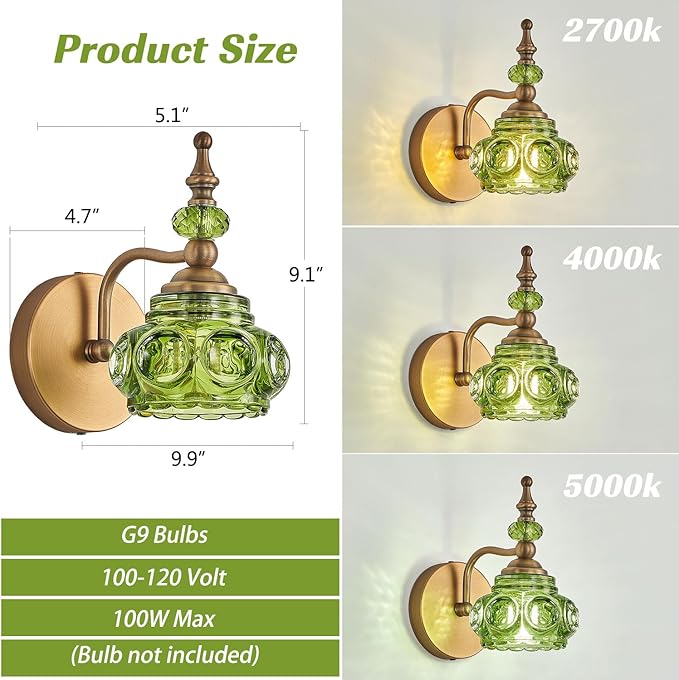 Vintage Wall Sconces Bathroom Vanity Lighting Fixtures Beautiful Wall Light with Green Glass Lampshade for Bedside Bedroom Doorway Bathroom