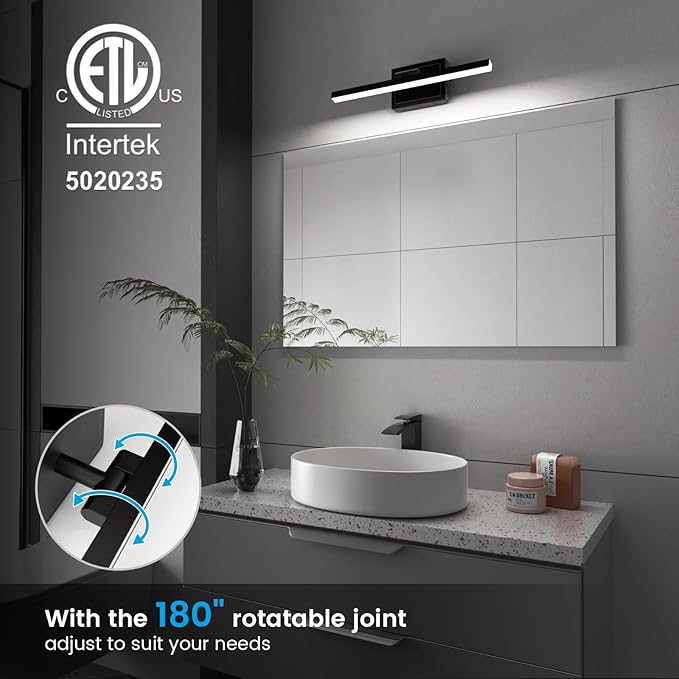 VOLISUN Modern Bathroom Vanity Light 15.7 inch, Rotatable, 12W Dimmable 5CCT Led Bathroom Light Fixture Over Mirror, Black Bar Vanity Light for Bathroom Mirror Restroom-ETL Certificated
