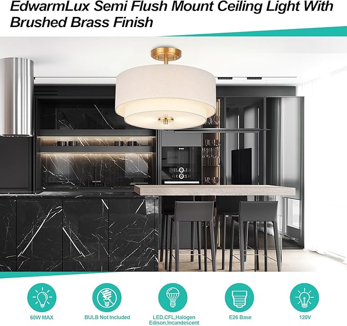 3-Light Semi Flush Mount Ceiling Light, 16" Drum Light with White Fabric Shade, Modern Close to Ceiling Lamp for Living Room Bedroom Dining Kitchen Hallway Entry (Brushed Gold)