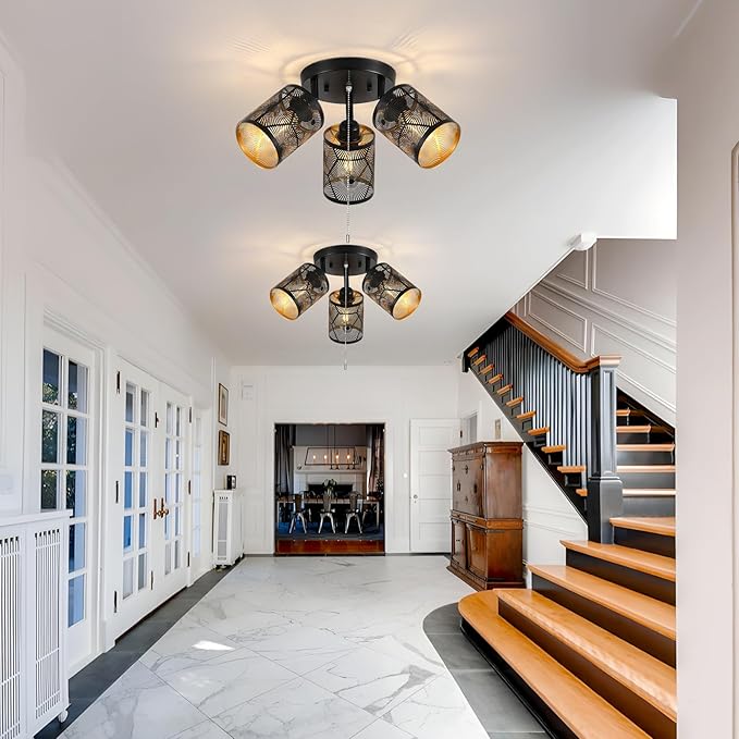 SEEBLEN 3 Light Modern Kitchen Ceiling Light with Pull Chain,Black Round Directional Ceiling Spotlight,Farmhouse Flush Mount Pull String Ceiling Light for Kitchen, Laundry, Bedroom, E26 Base.