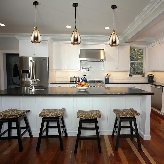 3 Packs Industrial Glass Pendant Lights for Kitchen Island, Modern Teardrop Chrome Mirror Effect Lighting Fixture Edison Hanging Light for Farmhouse Bar Area Over Sink Dining Room (Bulb Not Included)
