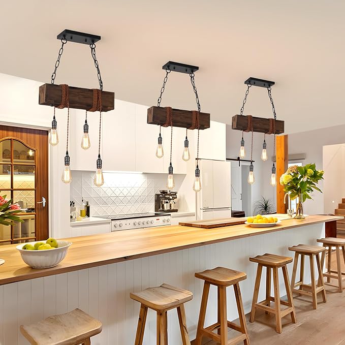KEESFU 4-Lights Farmhouse Pendant Lights Kitchen Island, Rustic Wooden Ceiling Hanging Light, Height Adjustable, Dining Room Chandelier for Kitchen Island Dining Room Bar Pool Table Cabin.