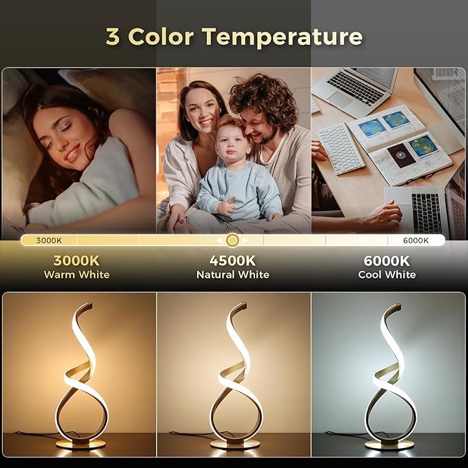 Bedside Table Lamp, LED Touch Dimmable Spiral Desk Lamp for Night Stands, 3 Color Temperature Modern Nightstand Light, Unique Side Light for Living Room, Bedroom, Gold